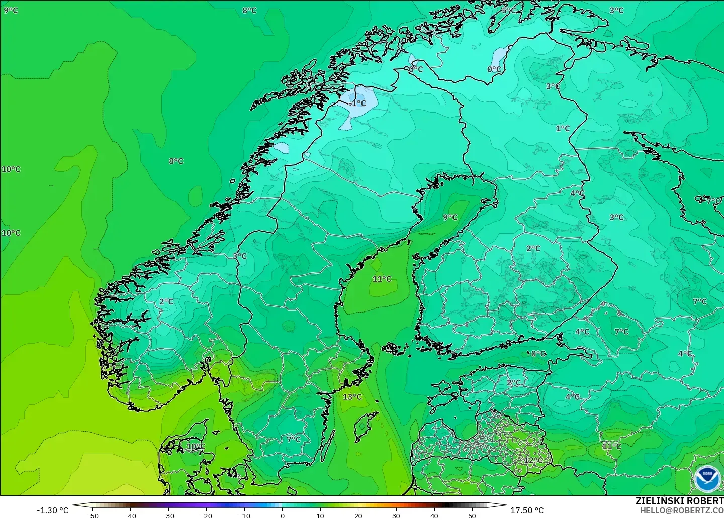 GFS model - İskandinavya, 2 m Çiy Noktası