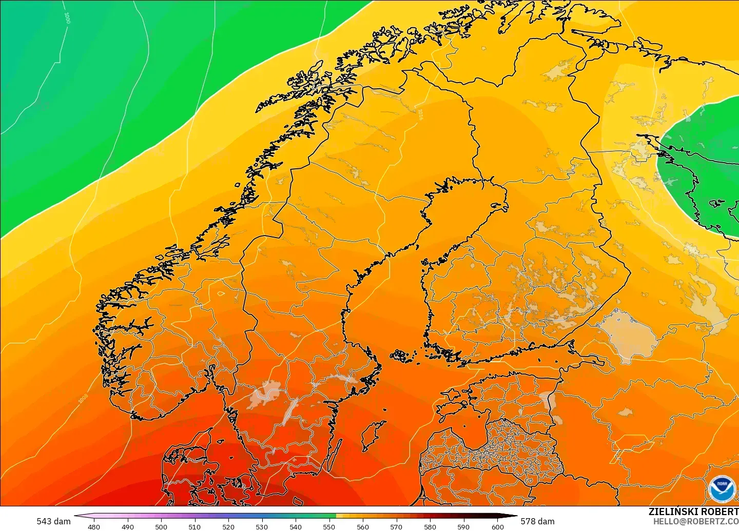 GFS model - İskandinavya, 500 hPa’da jeopotansiyel yükseklik