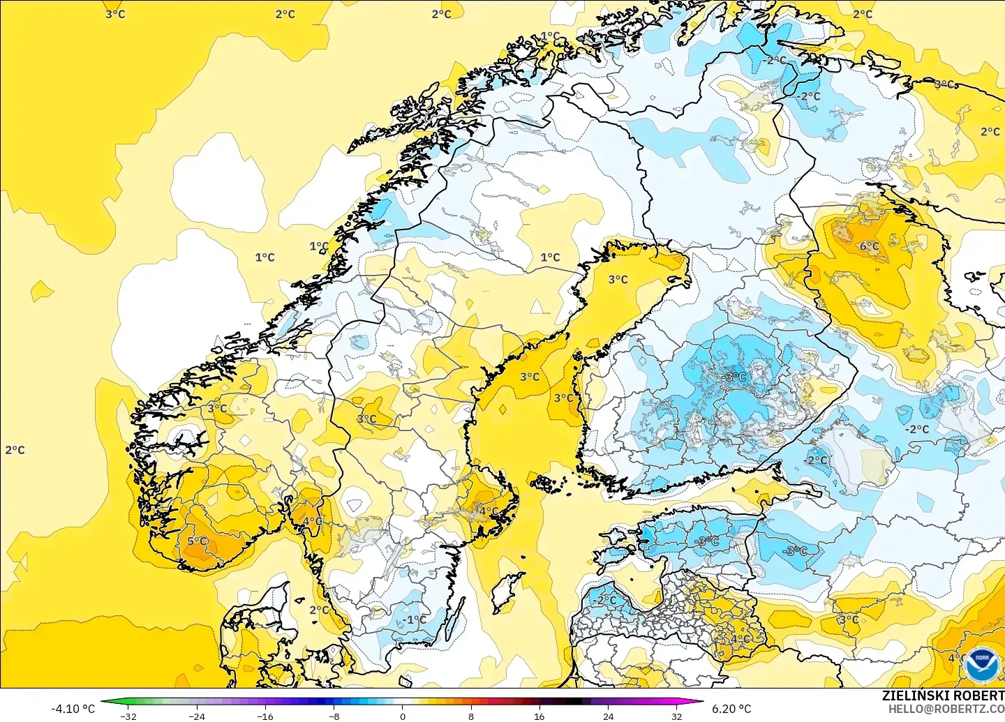 GFS model - İskandinavya, 2 m Sıcaklık Anomalisi