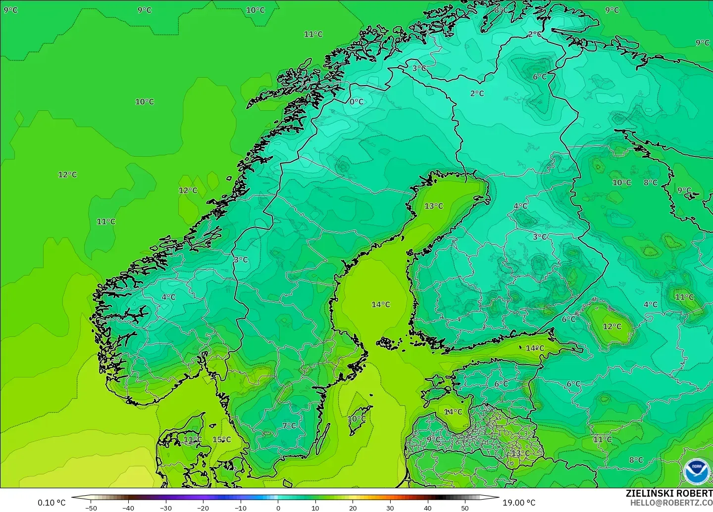 GFS model - İskandinavya, 2 m Sıcaklık