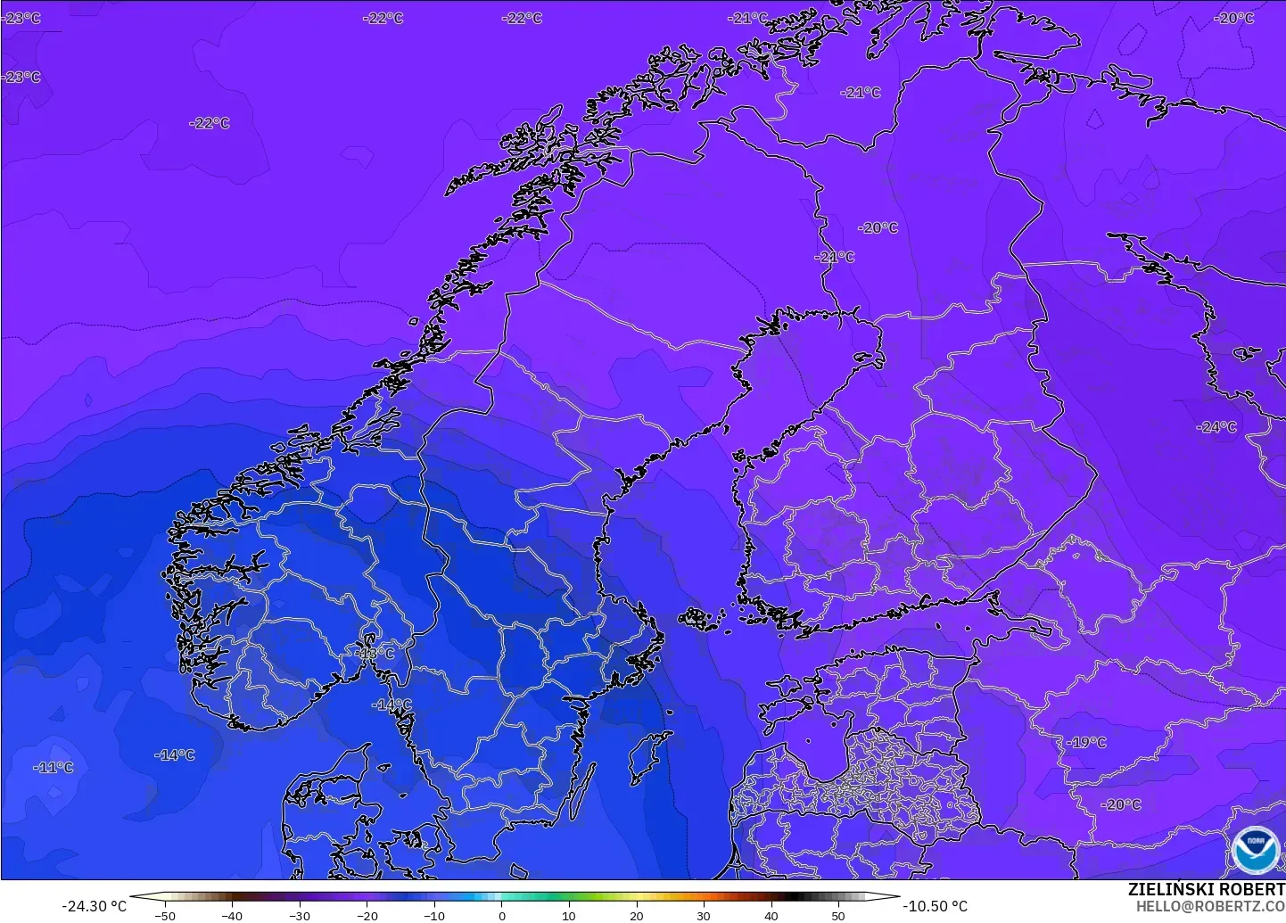 GFS model - İskandinavya, 500 hPa Sıcaklık