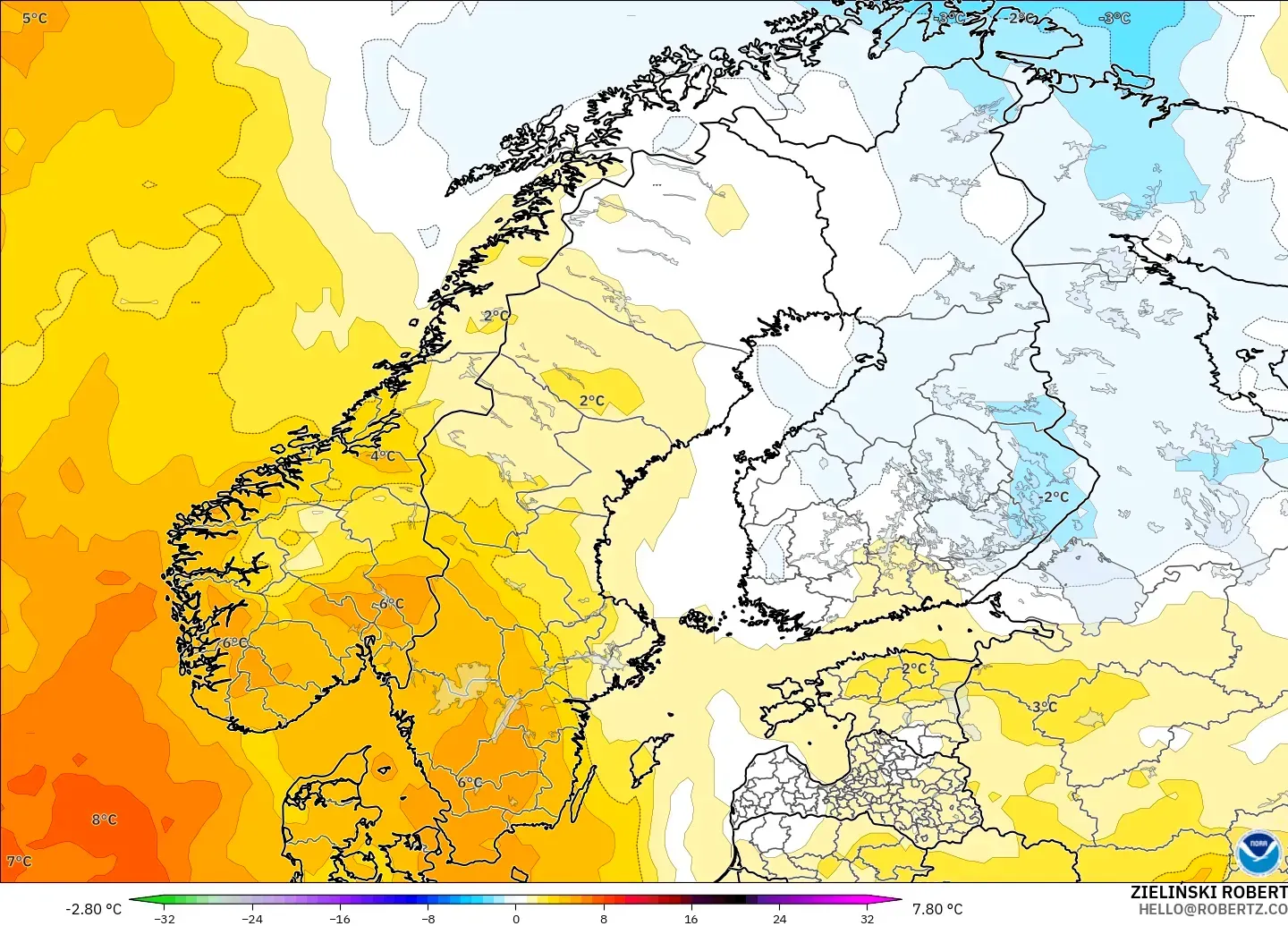 GFS model - İskandinavya, 850 hPa Sıcaklık Anomalisi