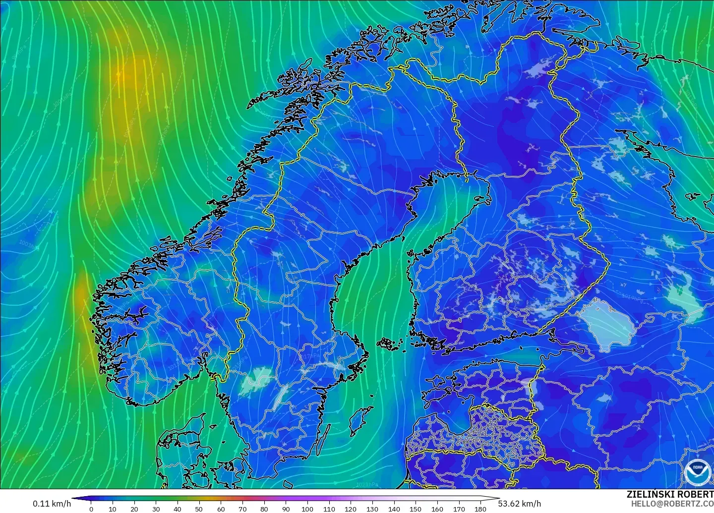 GFS model - İskandinavya, 10 m Rüzgâr