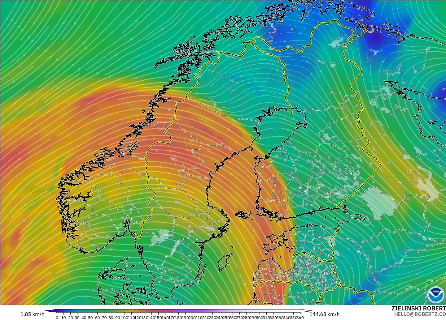 GFS model - İskandinavya, 300 hPa Rüzgârı (jet)