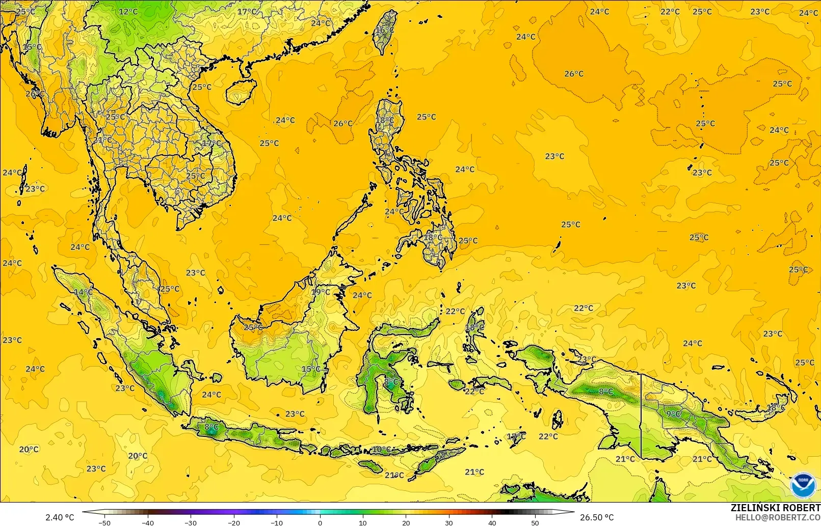 GFS model - Güneydoğu Asya, 2 m Çiy Noktası
