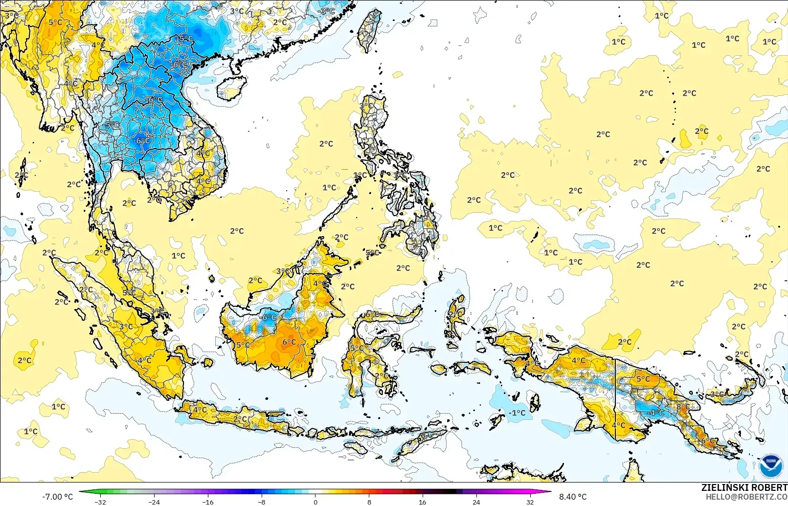 GFS model - Güneydoğu Asya, 2 m Sıcaklık Anomalisi