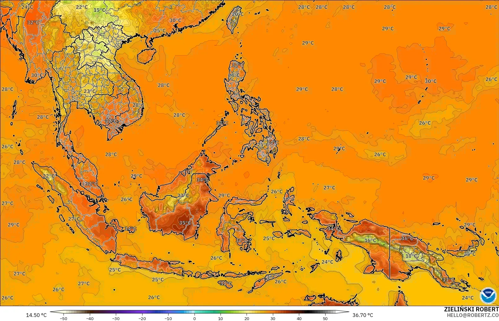 GFS model - Güneydoğu Asya, 2 m Sıcaklık