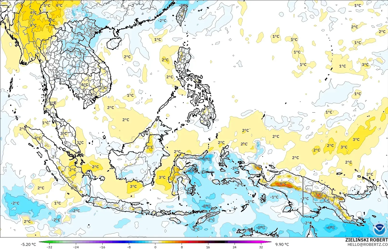 GFS model - Güneydoğu Asya, 850 hPa Sıcaklık Anomalisi