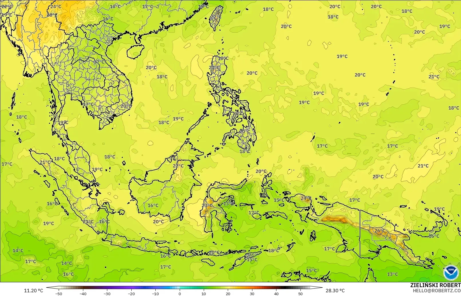GFS model - Güneydoğu Asya, 850 hPa Sıcaklık