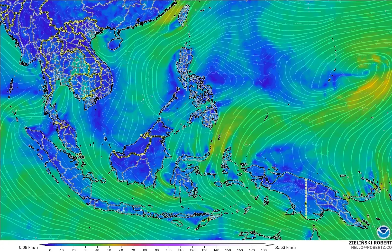GFS model - Güneydoğu Asya, 10 m Rüzgâr