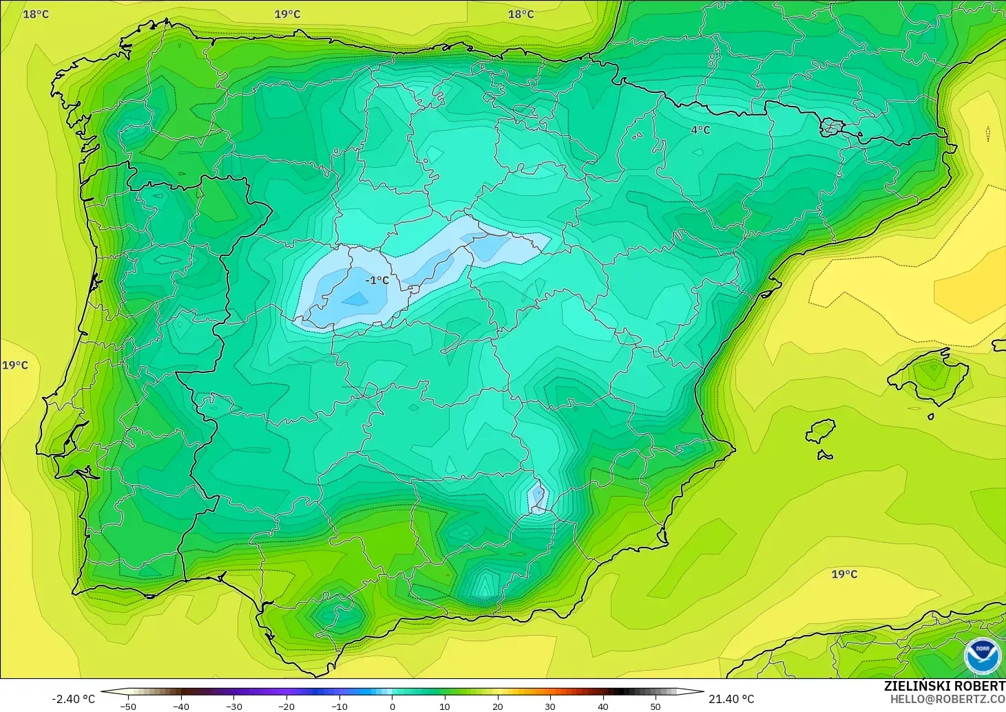 GFS model - İspanya, 2 m Çiy Noktası