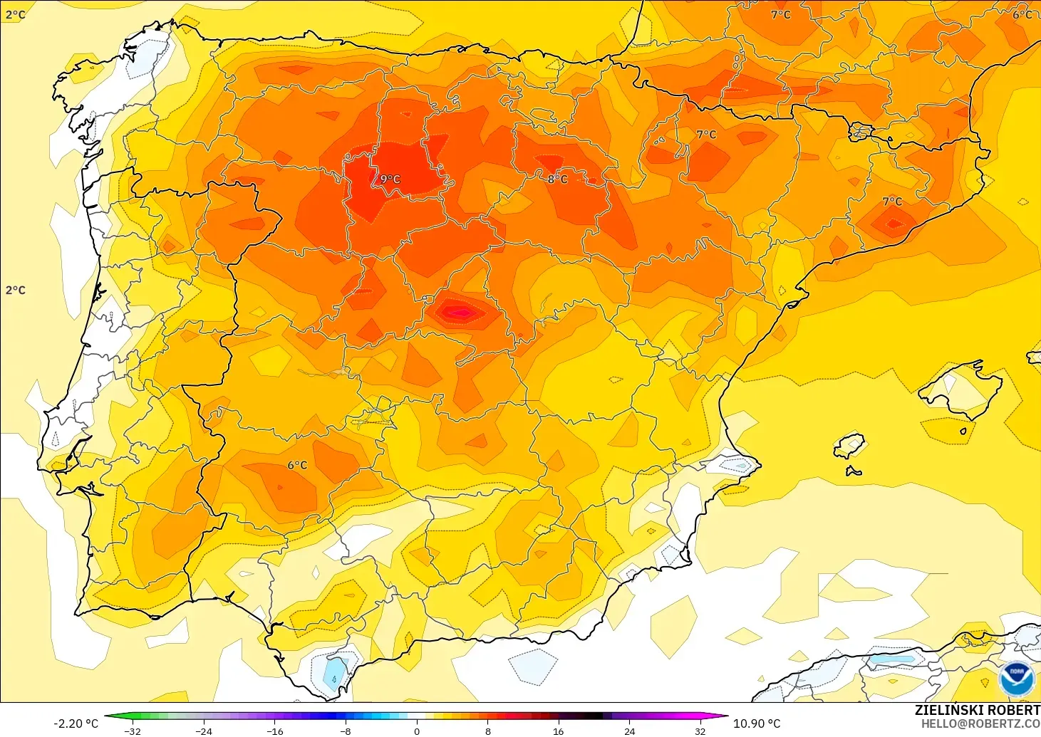 GFS model - İspanya, 2 m Sıcaklık Anomalisi