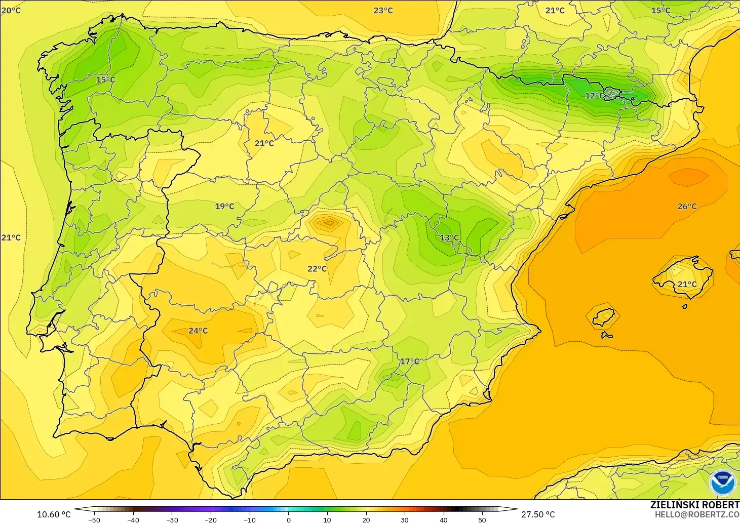 GFS model - İspanya, 2 m Sıcaklık