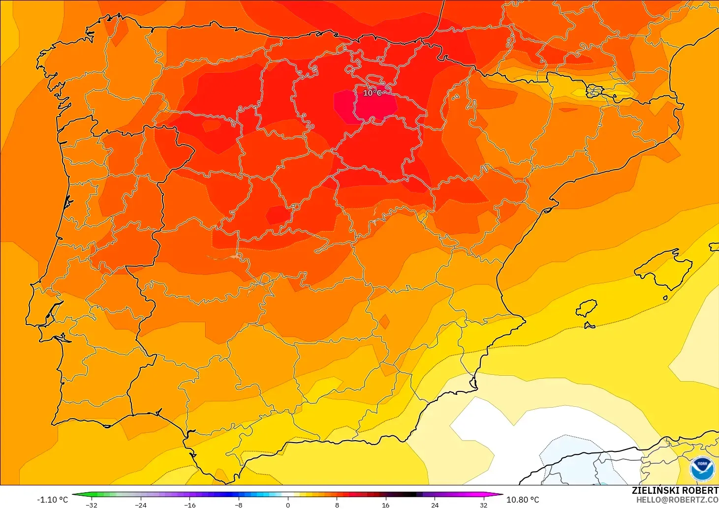 GFS model - İspanya, 850 hPa Sıcaklık Anomalisi