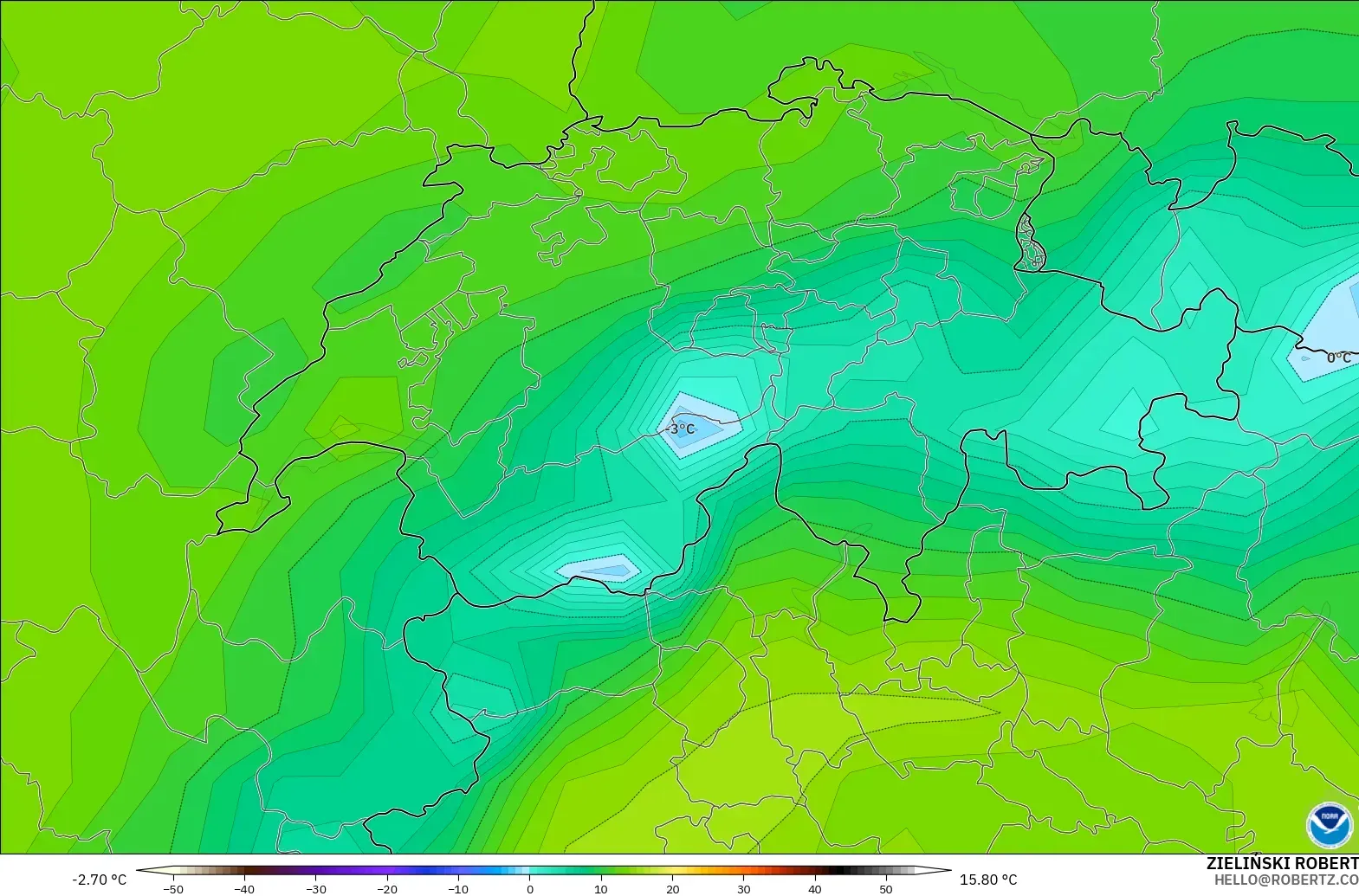 GFS model - İsviçre, 2 m Çiy Noktası