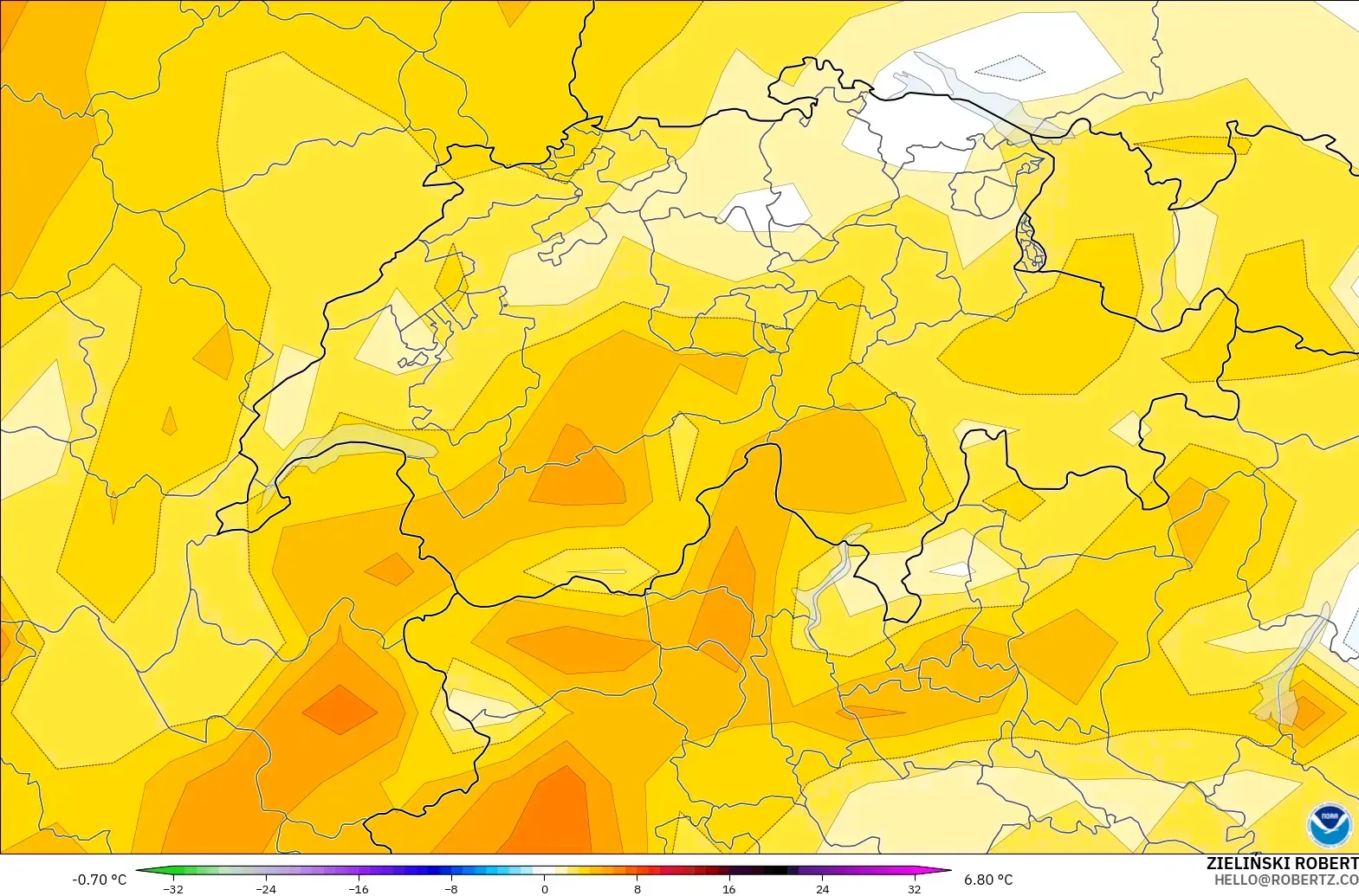 GFS model - İsviçre, 2 m Sıcaklık Anomalisi