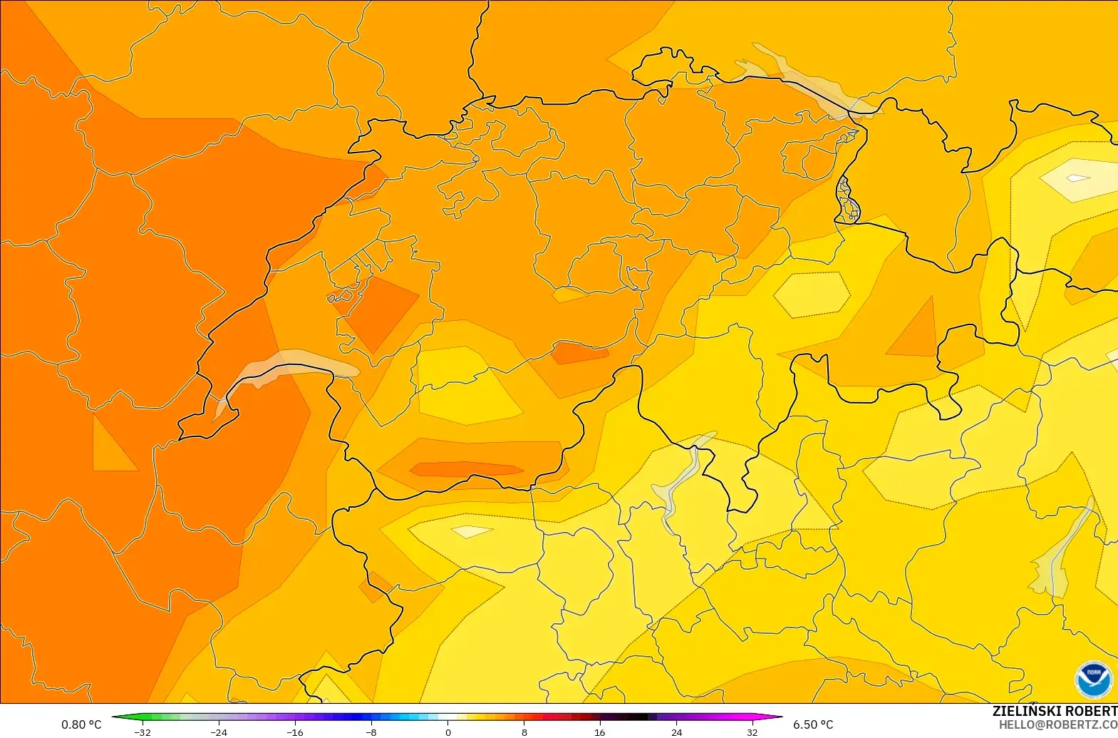 GFS model - İsviçre, 850 hPa Sıcaklık Anomalisi