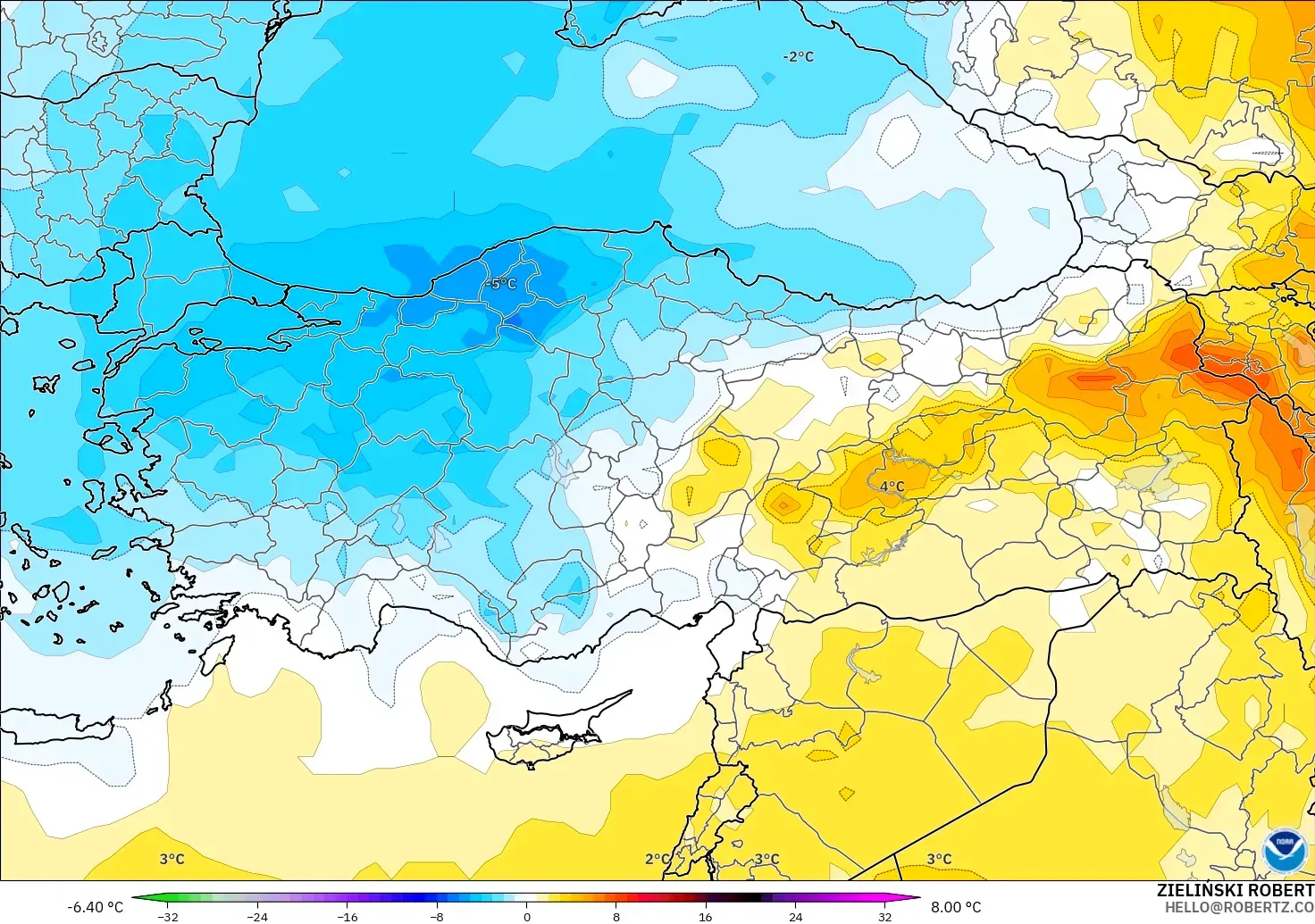 GFS model - Türkiye, 850 hPa Sıcaklık Anomalisi