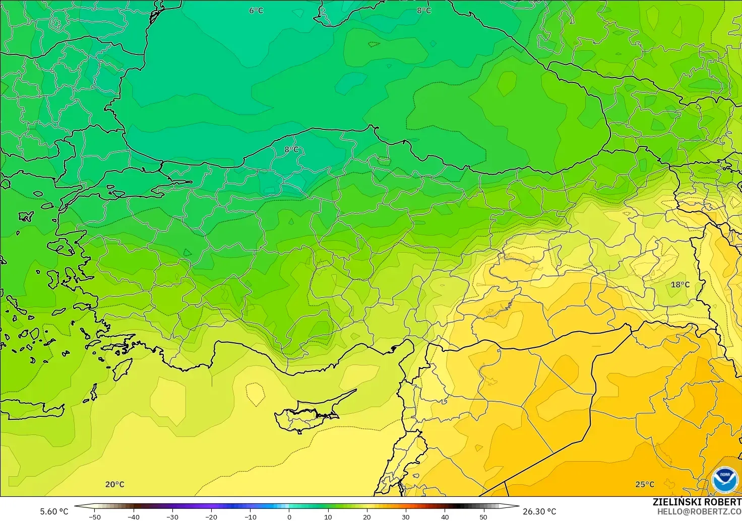 GFS model - Türkiye, 850 hPa Sıcaklık