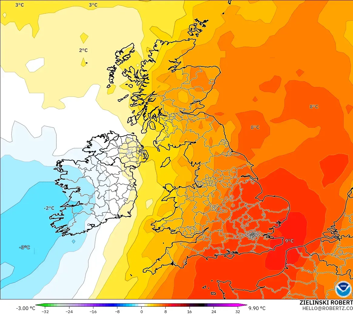 GFS model - Birleşik Krallık, 850 hPa Sıcaklık Anomalisi