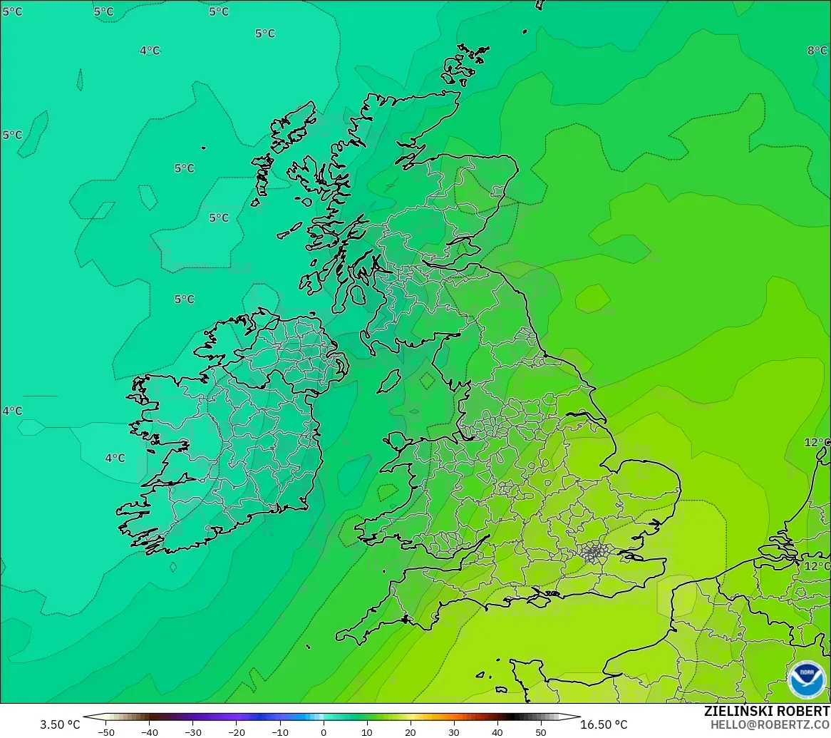 GFS model - Birleşik Krallık, 850 hPa Sıcaklık