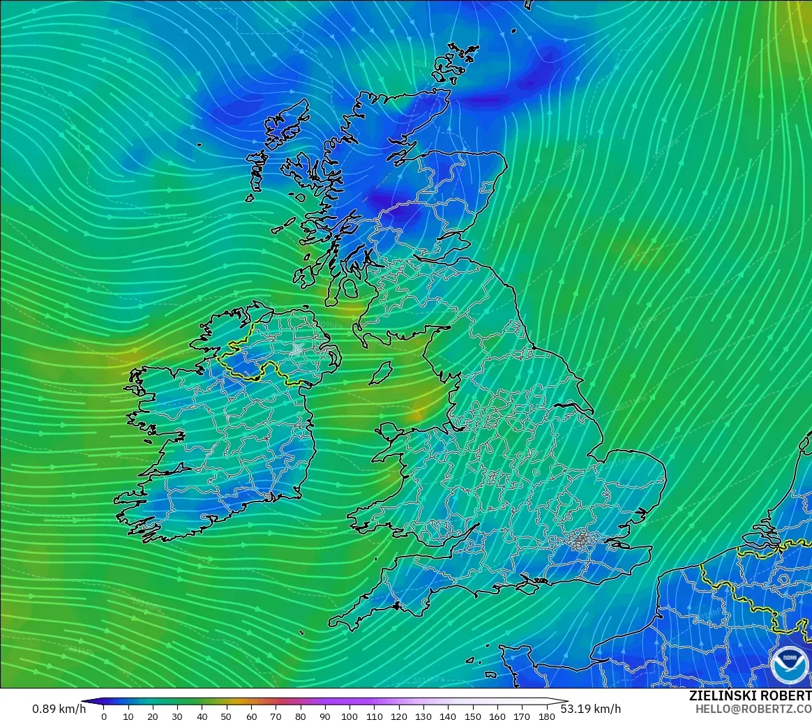 GFS model - Birleşik Krallık, 10 m Rüzgâr