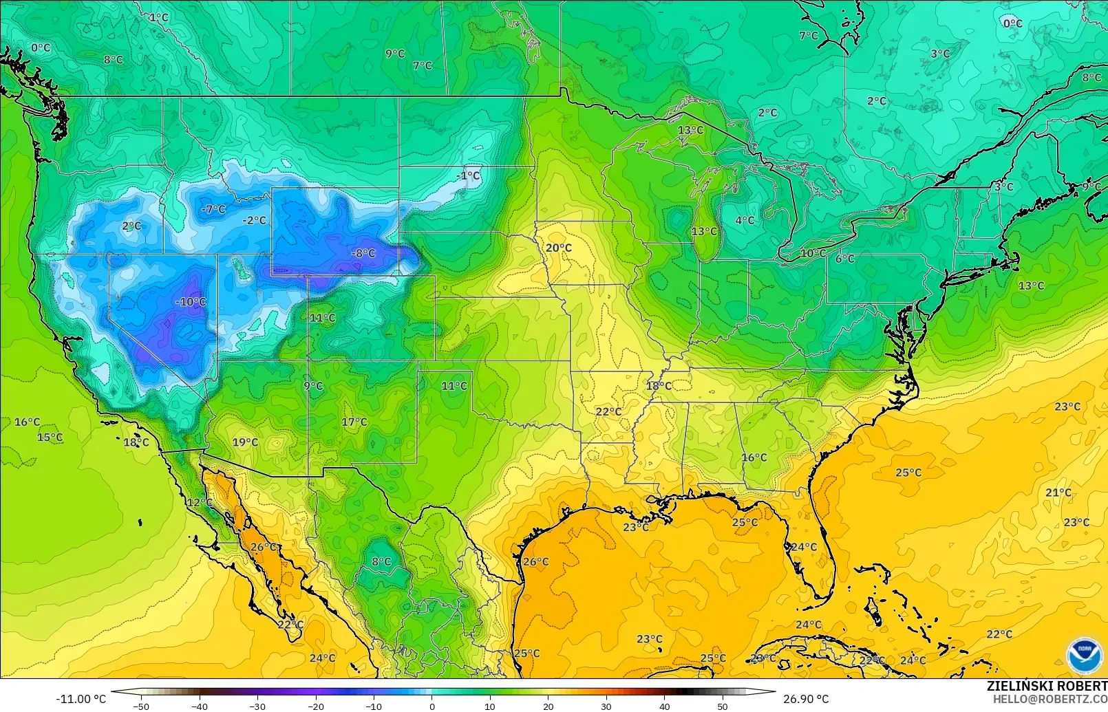 GFS model - Amerika Birleşik Devletleri, 2 m Çiy Noktası