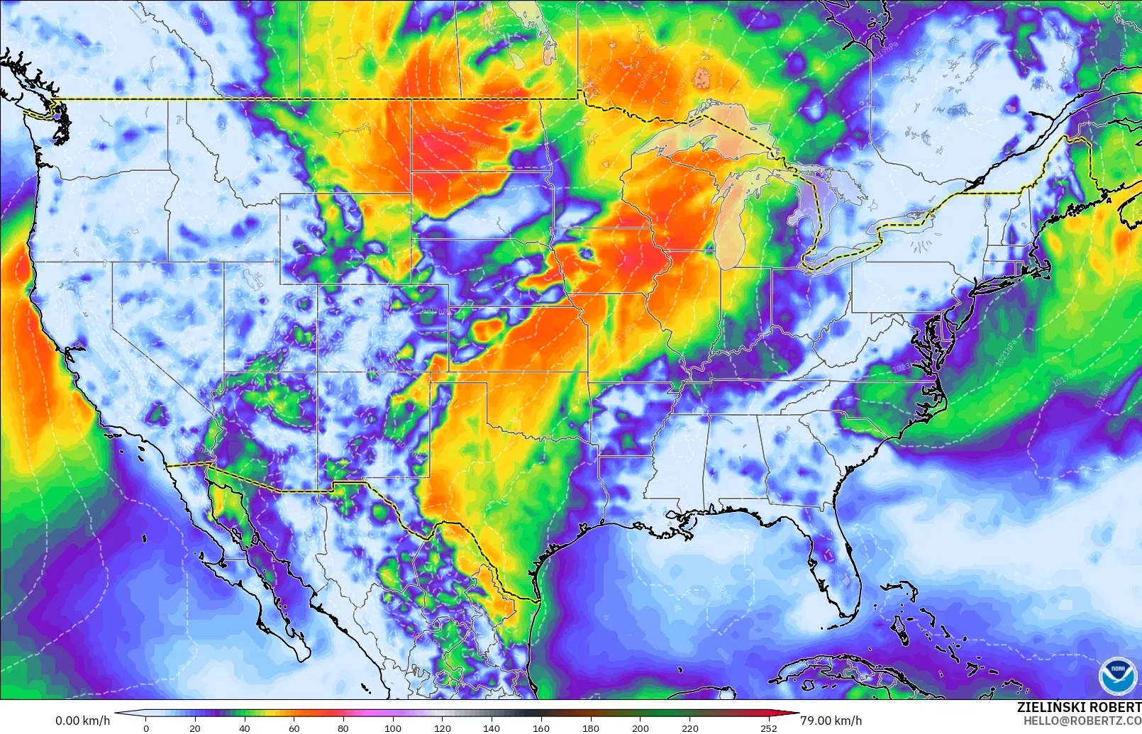 GFS model - Amerika Birleşik Devletleri, En Yüksek Rüzgâr