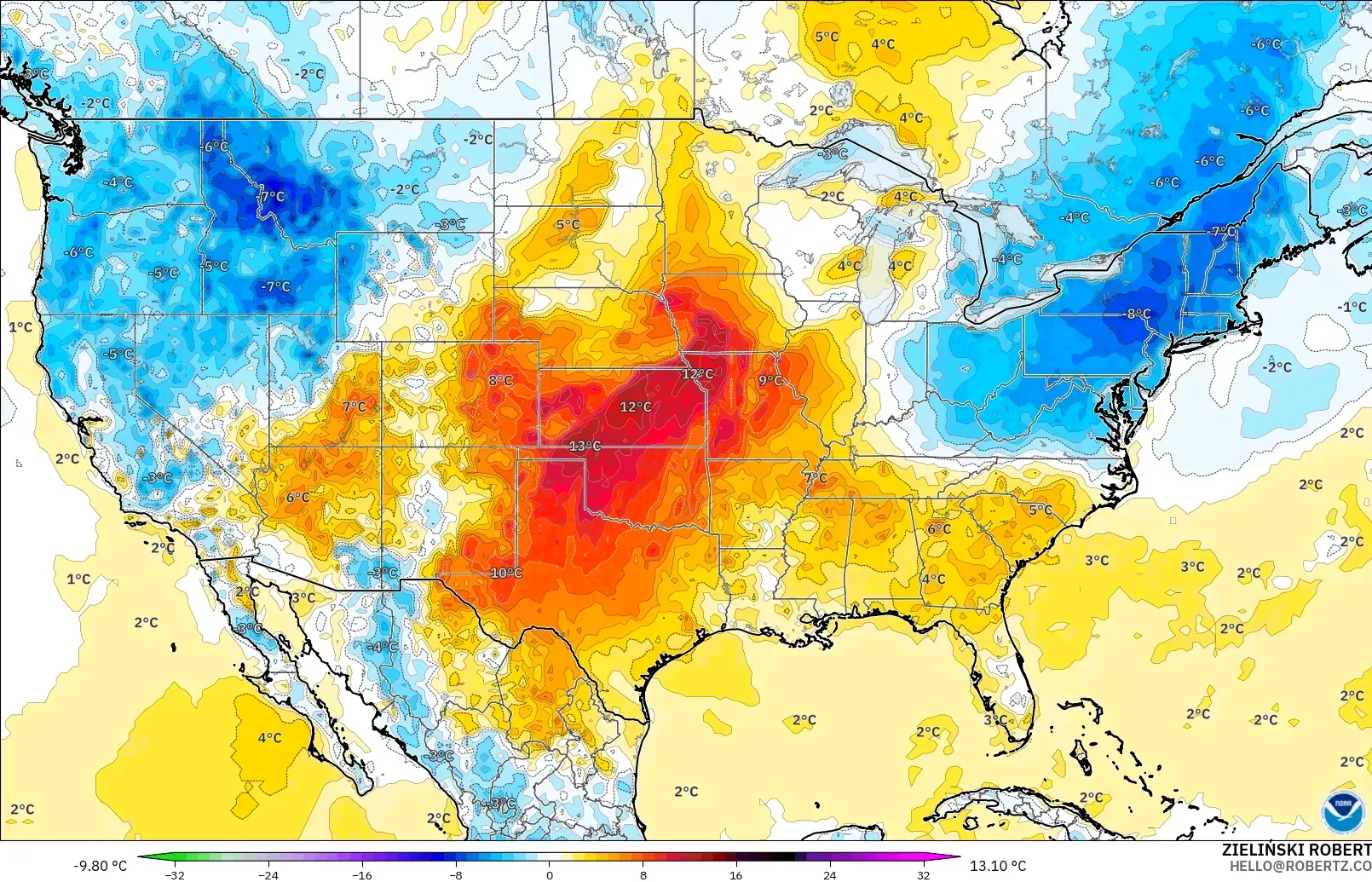 GFS model - Amerika Birleşik Devletleri, 2 m Sıcaklık Anomalisi