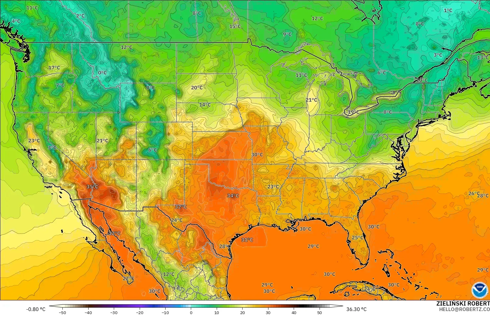 GFS model - Amerika Birleşik Devletleri, 2 m Sıcaklık