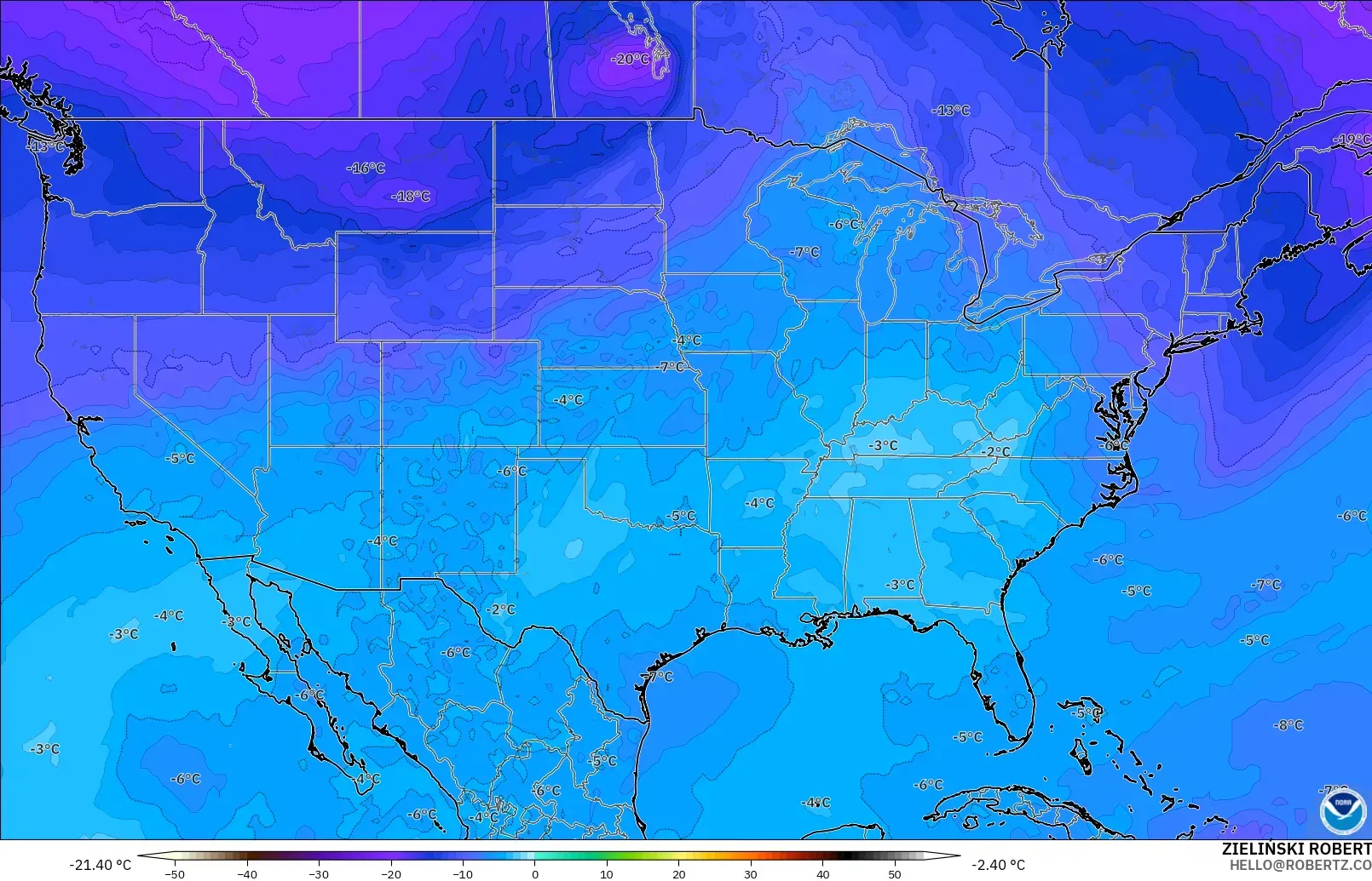 GFS model - Amerika Birleşik Devletleri, 500 hPa Sıcaklık