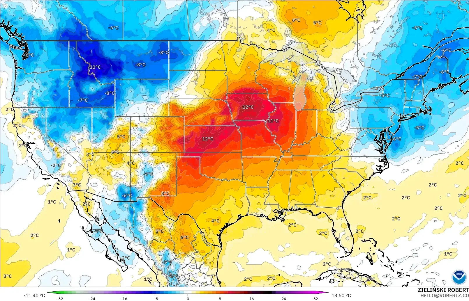 GFS model - Amerika Birleşik Devletleri, 850 hPa Sıcaklık Anomalisi