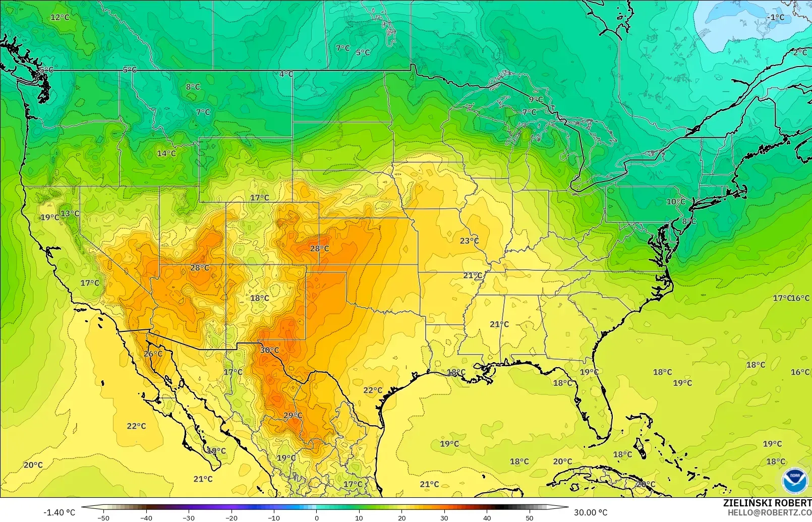 GFS model - Amerika Birleşik Devletleri, 850 hPa Sıcaklık