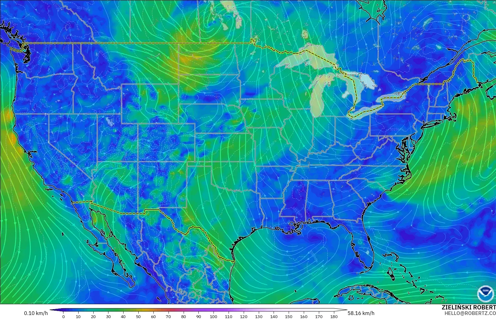 GFS model - Amerika Birleşik Devletleri, 10 m Rüzgâr