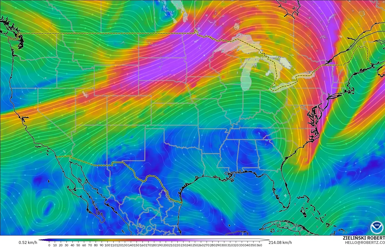 GFS model - Amerika Birleşik Devletleri, 300 hPa Rüzgârı (jet)