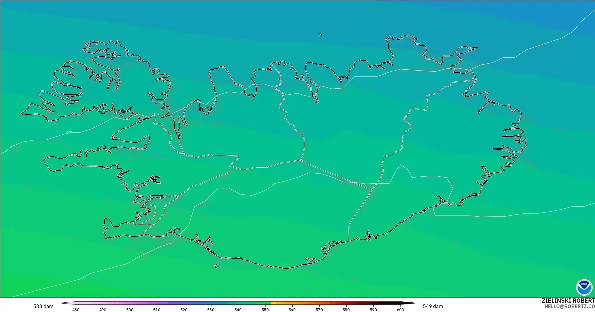 GFS model - İzlanda, 500 hPa’da jeopotansiyel yükseklik
