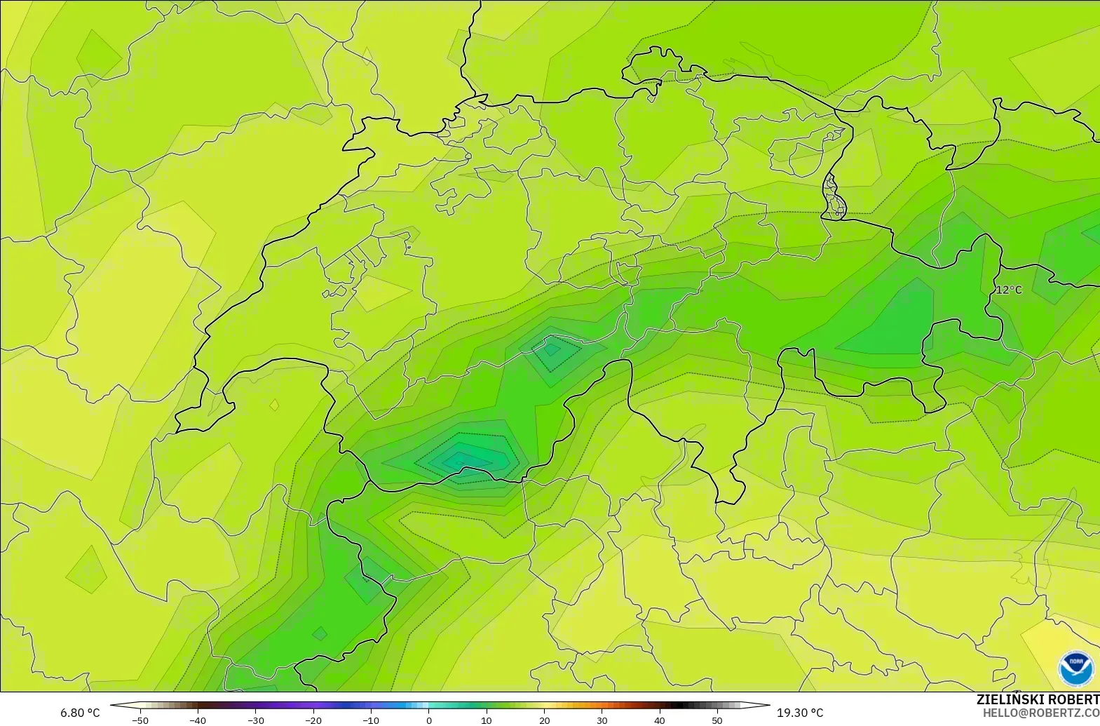 GFS model - İsviçre, 2 m Sıcaklık