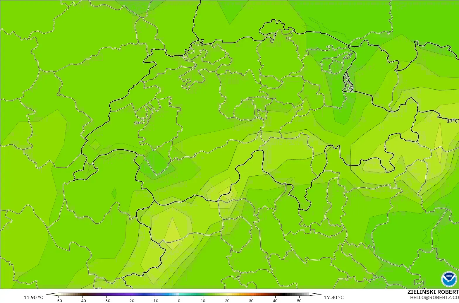 GFS model - İsviçre, 850 hPa Sıcaklık