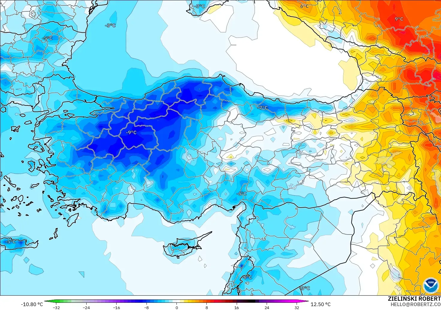 GFS model - Türkiye, 2 m Sıcaklık Anomalisi