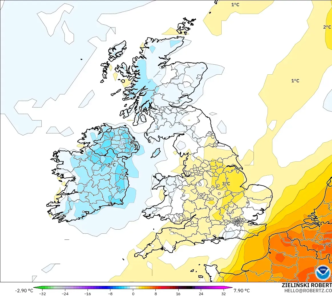 GFS model - Birleşik Krallık, 2 m Sıcaklık Anomalisi