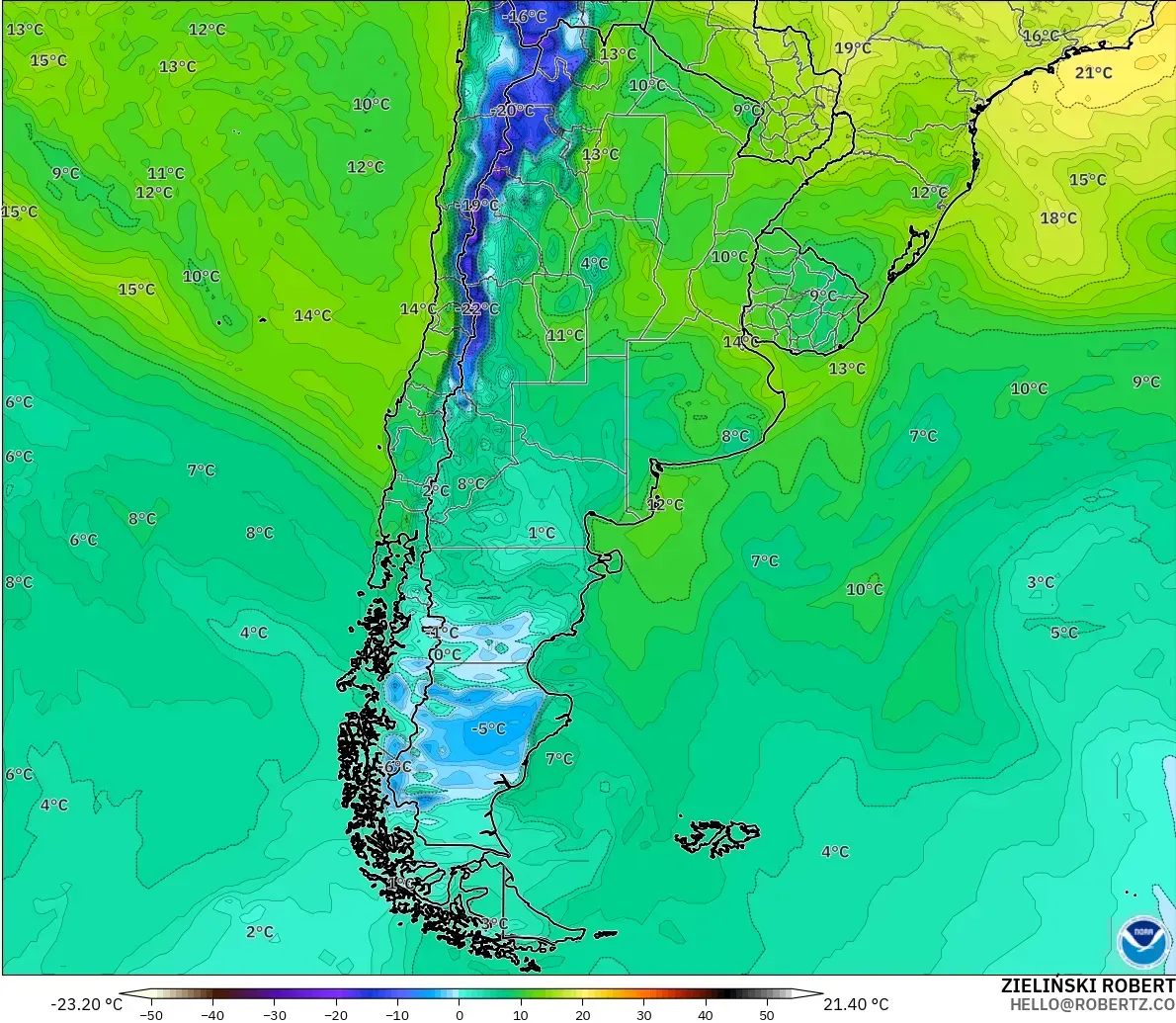 GFS model - Arjantin, 2 m Çiy Noktası