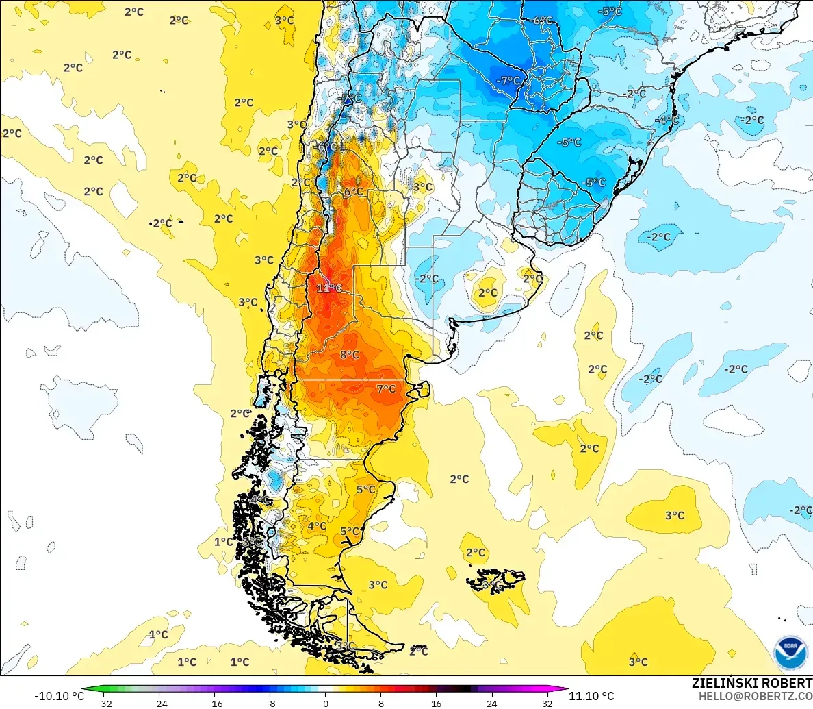 GFS model - Arjantin, 2 m Sıcaklık Anomalisi