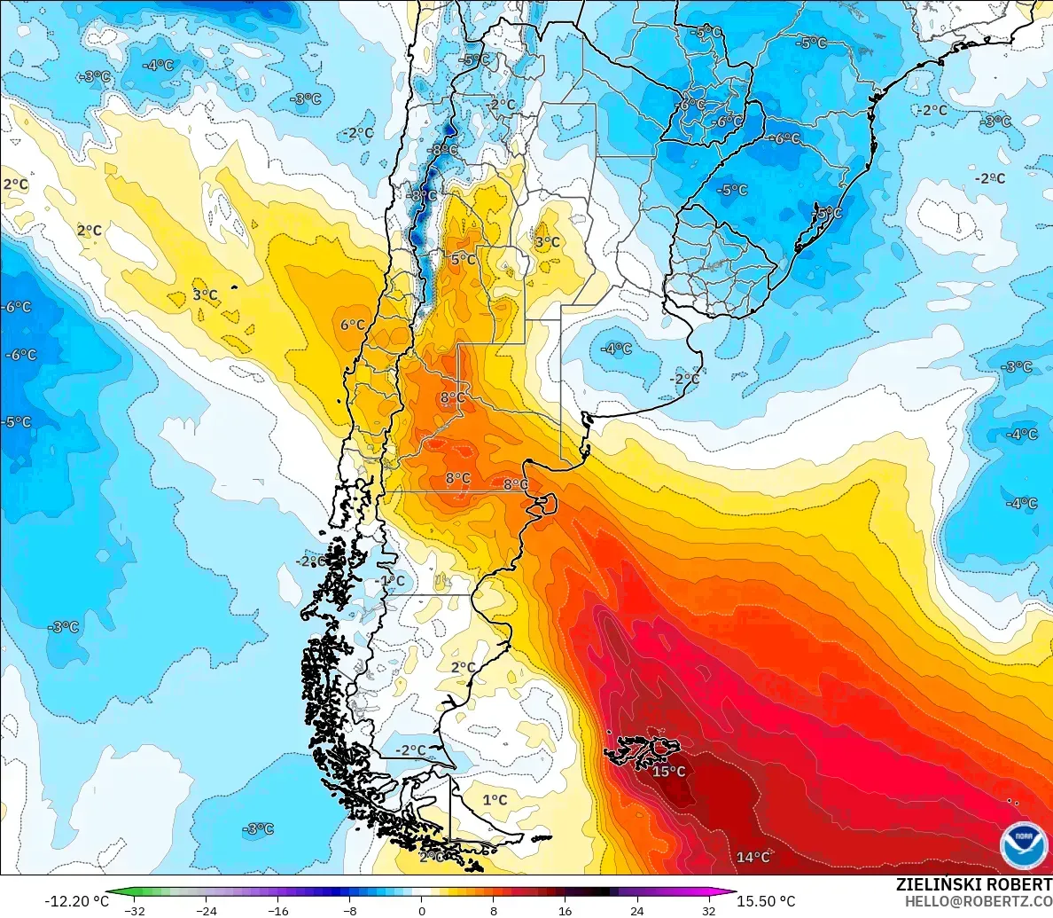 GFS model - Arjantin, 850 hPa Sıcaklık Anomalisi