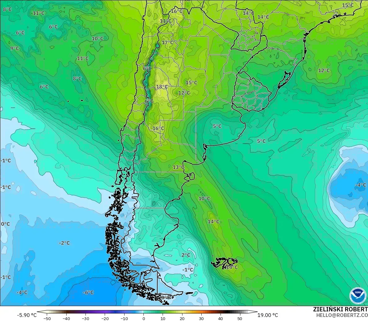 GFS model - Arjantin, 850 hPa Sıcaklık
