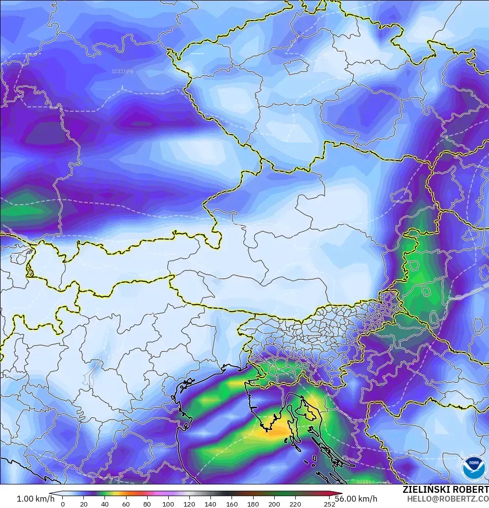 GFS model - Avusturya, En Yüksek Rüzgâr