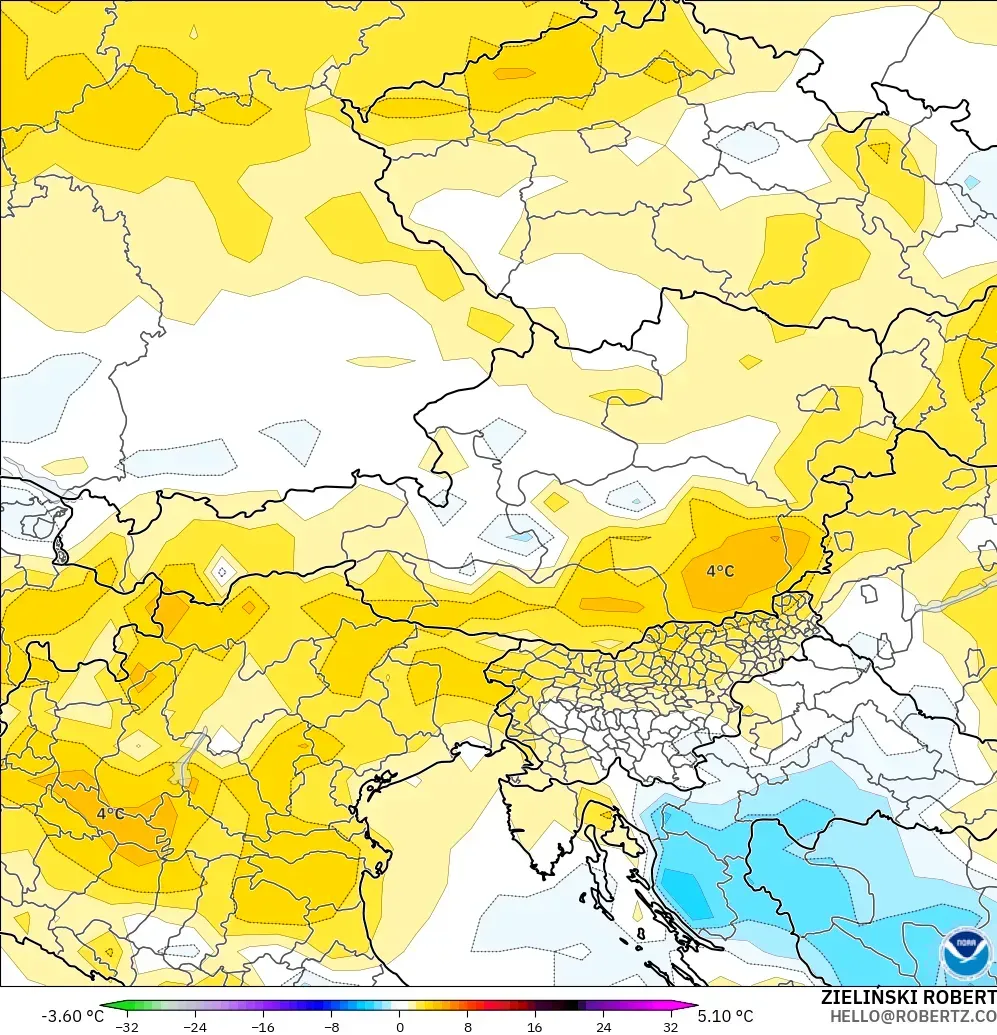 GFS model - Avusturya, 2 m Sıcaklık Anomalisi