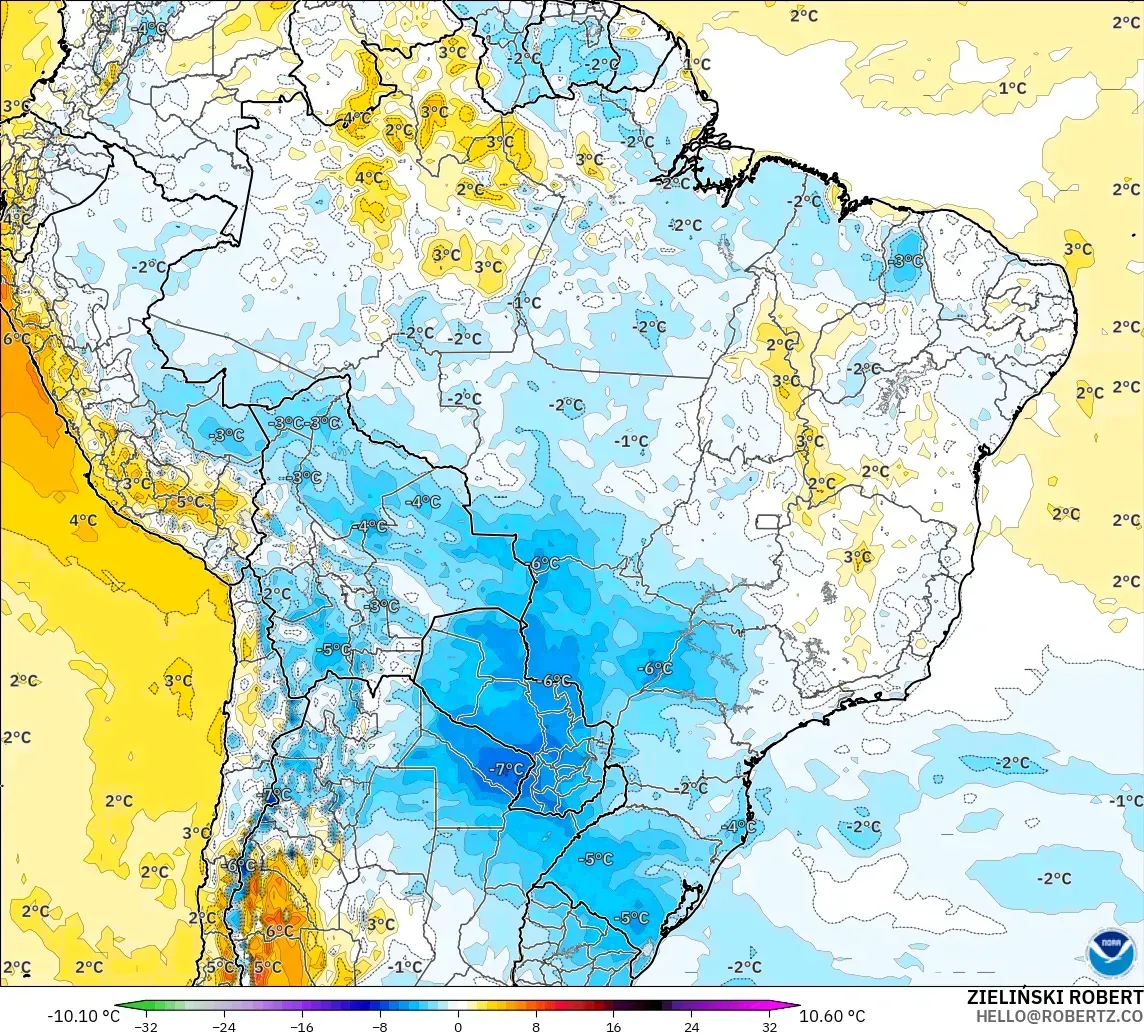 GFS model - Brezilya, 2 m Sıcaklık Anomalisi