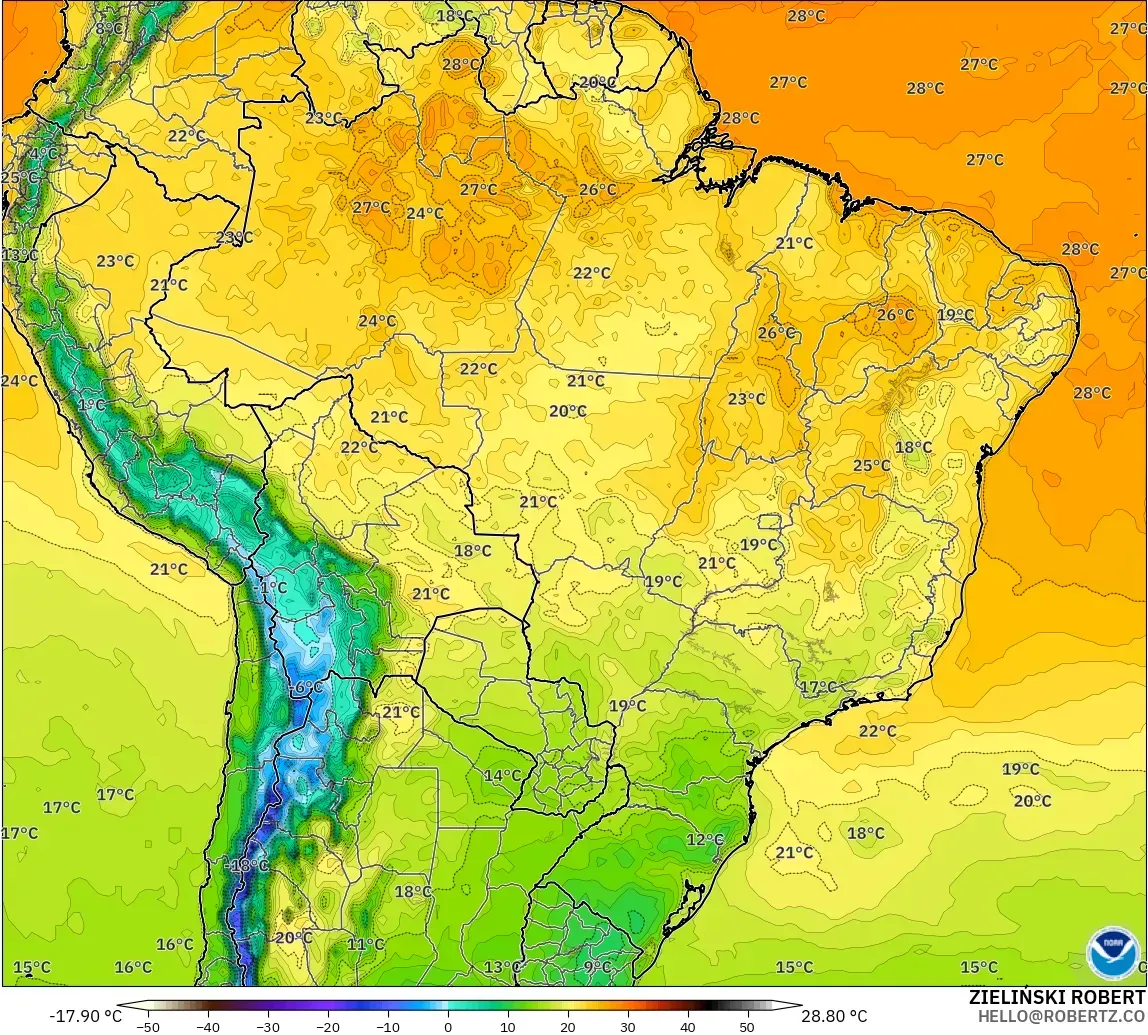 GFS model - Brezilya, 2 m Sıcaklık