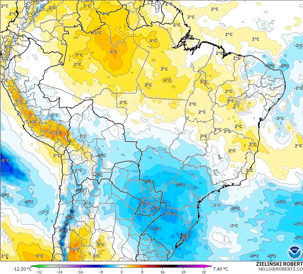 GFS model - Brezilya, 850 hPa Sıcaklık Anomalisi