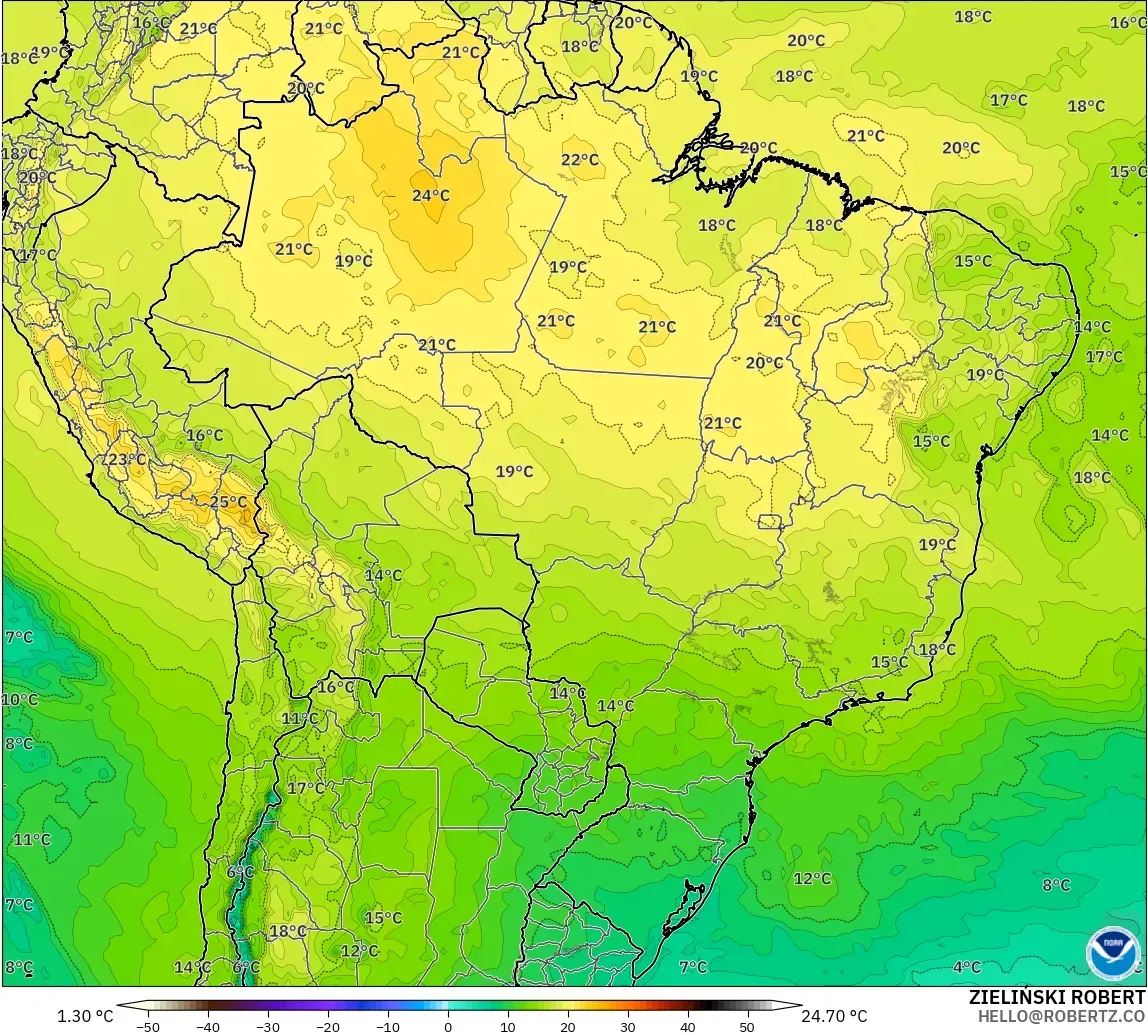 GFS model - Brezilya, 850 hPa Sıcaklık